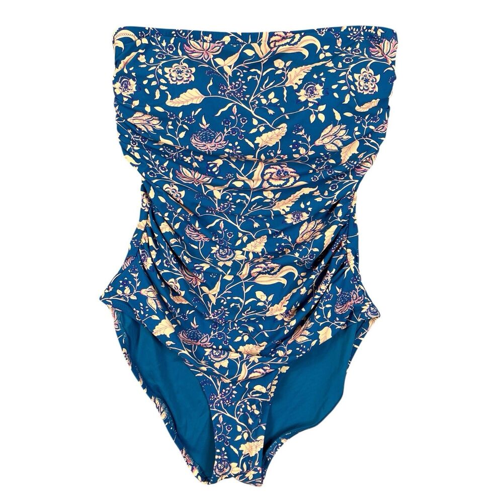 J Crew Gemma Floral Swimsuit Womens Size 8 Blue Ruched Bandeau One Piece CS565